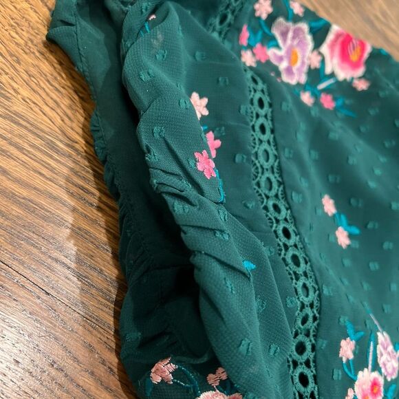 ASOS Design Petite High Neck Textured Embroidered Mini Dress w/ Lace Trims Green - Picture 10 of 11